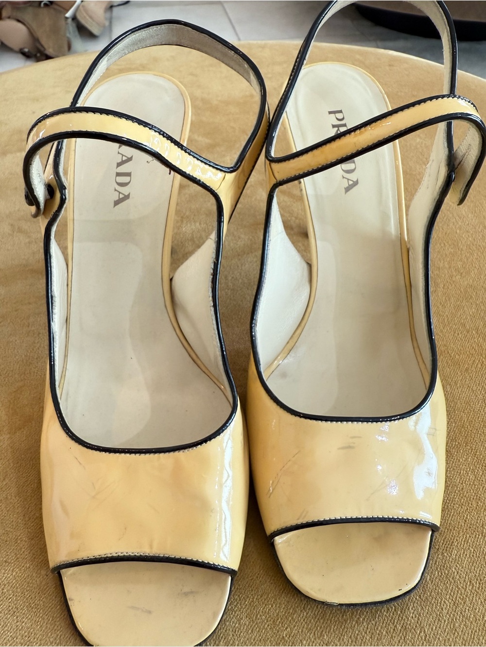 Prada Yellow Patent Leather Mary Jane Slingback Heels with Black Trim - Picture 7 of 11